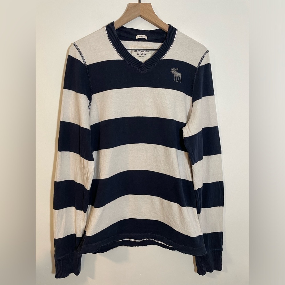 Abercrombie & Fitch Sweater Navy/White Muscle VNeck Stripe Long Sleeve XL Y2K
